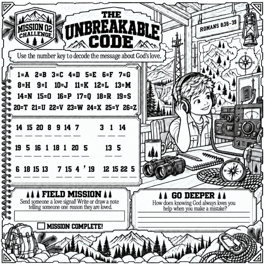 Sample challenge page from Brave, Bold and Beloved: The Unbreakable Code, a number puzzle with a Field Mission and Go Deeper question