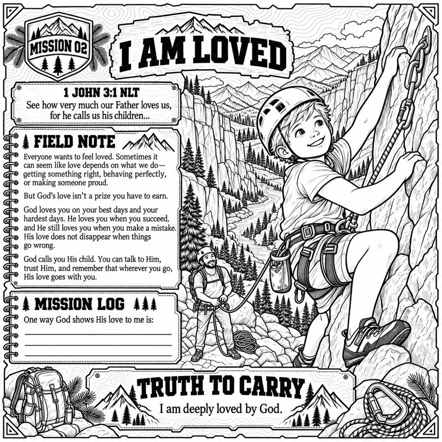 Sample mission page from Brave, Bold and Beloved: I Am Loved, with a verse, Field Note, Mission Log and a rock-climbing scene to color