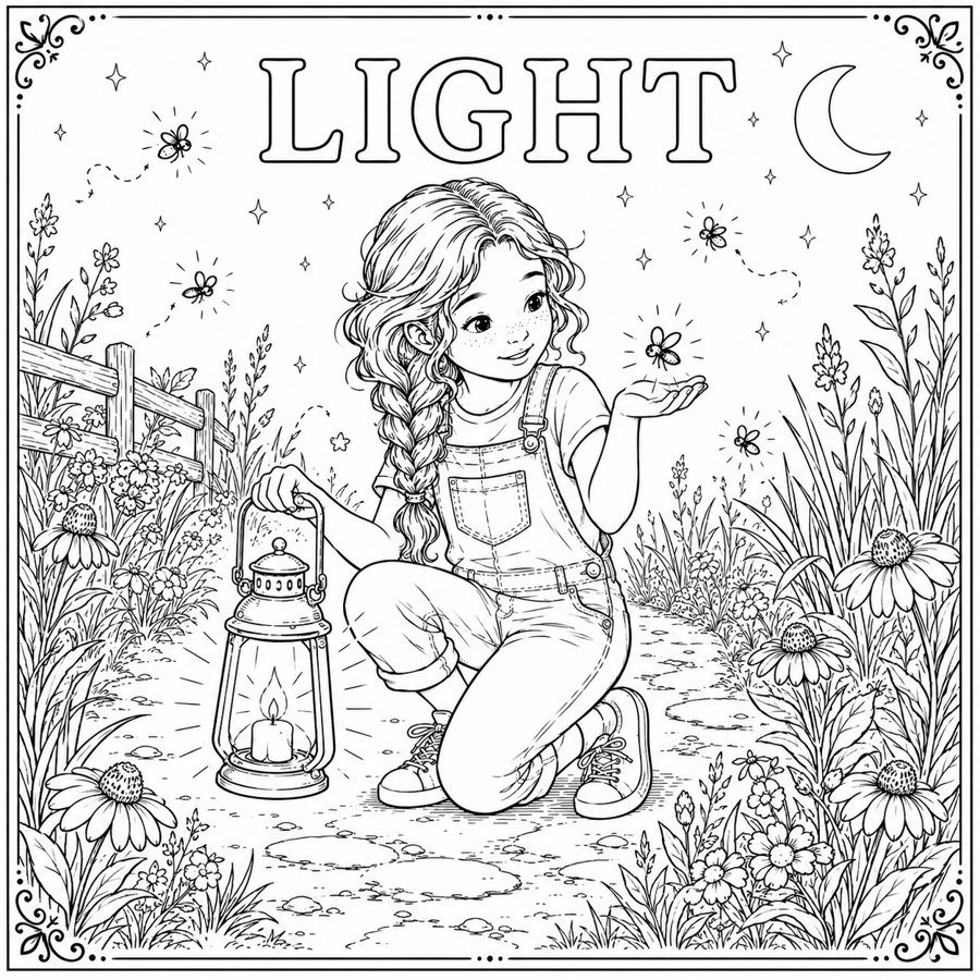 Sample coloring page from Color Your Crown: a girl holding a lantern among fireflies and wildflowers under the word Light