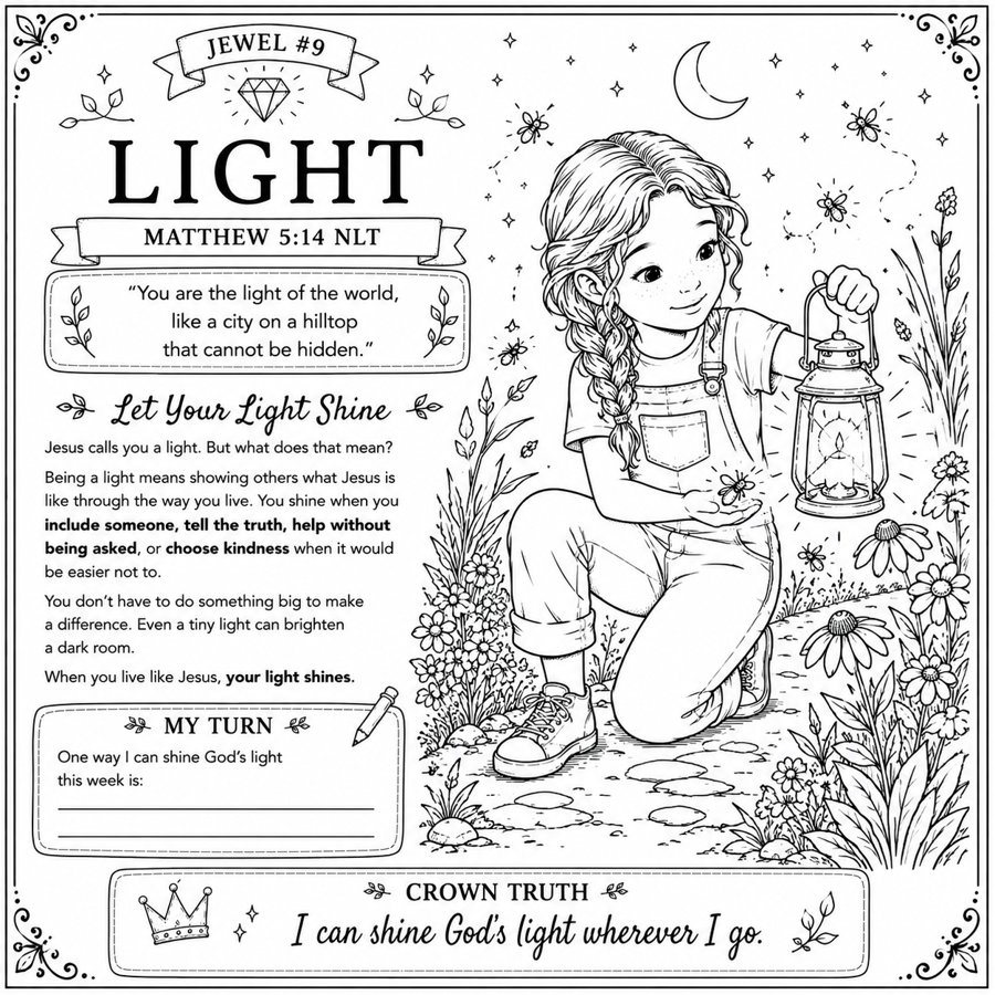 Sample devotional page from Color Your Crown: Jewel 9, Light, with Matthew 5:14, a short devotion, a My Turn prompt and a Crown Truth